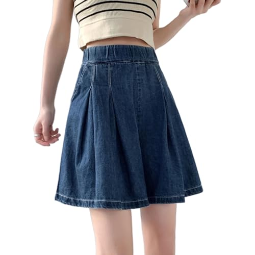 Left Girl S-5XL Sommer Koreanische Mode Blau Mini Denim Plissee Shorts Rock Frauen Hohe Taille EINE Linie Kurze Hosen Jeans Weibliche,TIEFES BLAU,XL von Left Girl