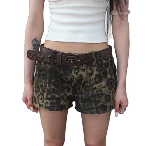 Left Girl Sexy Leopard Gedruckt Denim Shorts Frauen Y2k Vintage Niedrige Taille Streetwear Casual Breite Bein Shorts Sommer Jean Shorts,Leopardenmuster,L von Left Girl