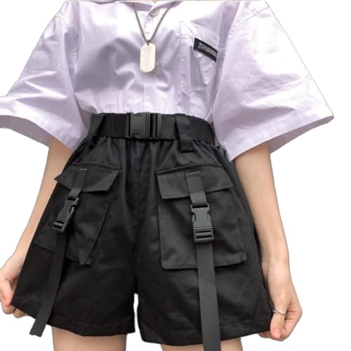 Left Girl Shorts Frauen Freizeit Lose Elastische Taille Hip Hop Mode Harajuku Taschen College Streetwear Einfache Sommer Solide,Black,S von Left Girl