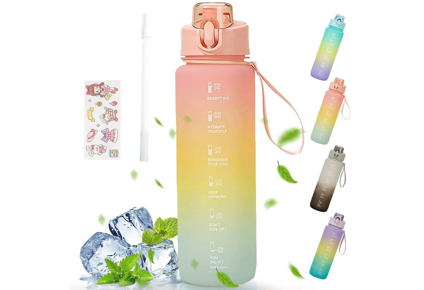 LeiGo Trinkflasche 1000ML Trinkflasche, Wasserflasche, Sportflasche, Auslaufsicher, Wasserflasche mit Strohhalm und Trinkflasche mit Zeitstempel von LeiGo