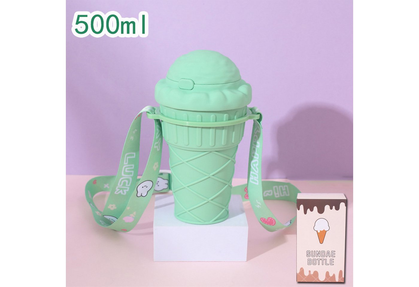 LeiGo Trinkflasche Eiscremeflasche,Tragbare Wasserflasche mit Strohhalm/Tragegurt,500ml, Auslaufsicher von LeiGo