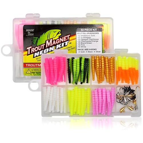 Trout Magnet 82-teiliges Neon-Angelset, fängt alle Arten von Fischen, enthält 70 Grub-Körper und 12 Haken der Größe 8, Orange, Grün, Weiß, Silber von Trout Magnet