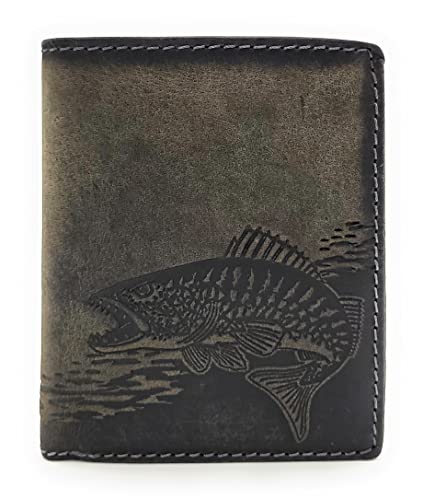 Jockey Club echt Leder Geldbörse Anglerbörse Portemonnaie mit RFID NFC Schutz Fisch Zander (grau) von Lemasi