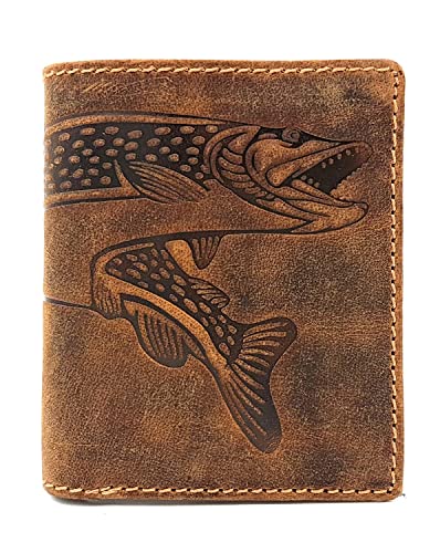 Jockey Club kleine echt Leder Geldbörse hoch mit RFID Schutz Hunterleder Portemonnaie Anglerbörse Fisch Hecht (Braun) von Lemasi