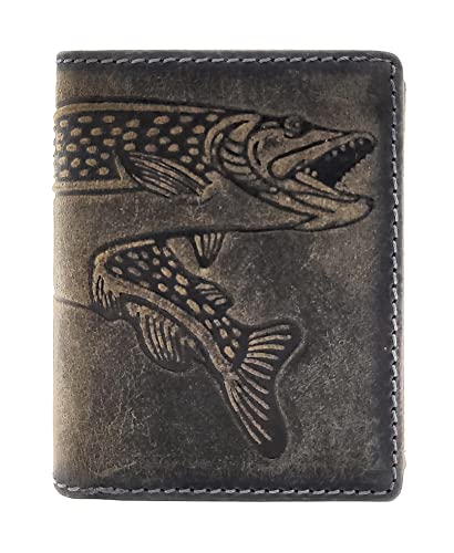 Jockey Club kleine echt Leder Geldbörse hoch mit RFID Schutz Hunterleder Portemonnaie Anglerbörse Fisch Hecht (Vintage) von Lemasi