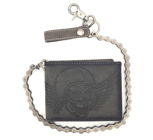 Lemasi Biker Geldbörse mit Kette naturbelassenes Hunterleder Portemonnaie mit RFID Schutz Totenkopf (Grau mit Fahrradkette quer) von Lemasi