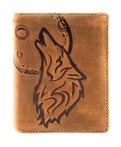 Lemasi echt Leder Geldbörse Portemonnaie Heulender Wolf Mond mit RFID NFC Schutz (Wolf Cognac hoch) von Lemasi