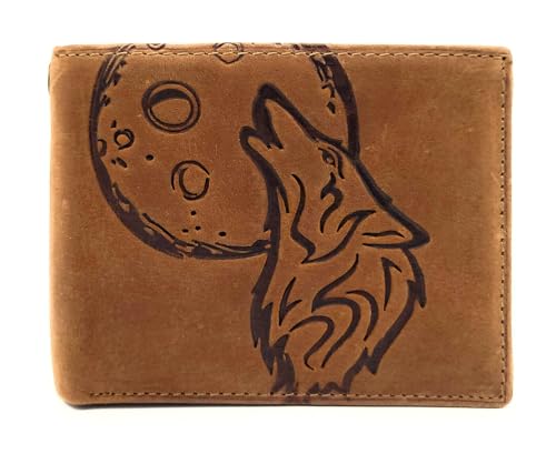Lemasi echt Leder Geldbörse Portemonnaie Heulender Wolf Mond mit RFID NFC Schutz (Wolf Cognac quer) von Lemasi