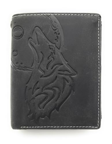 Lemasi echt Leder Geldbörse Portemonnaie Heulender Wolf Mond mit RFID NFC Schutz (Wolf schwarz hoch) von Lemasi