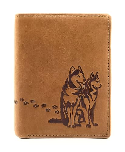 Lemasi echt Leder Geldbörse Portemonnaie Huskies Husky Hunde mit RFID NFC Schutz (Husky Cognac hoch) von Lemasi