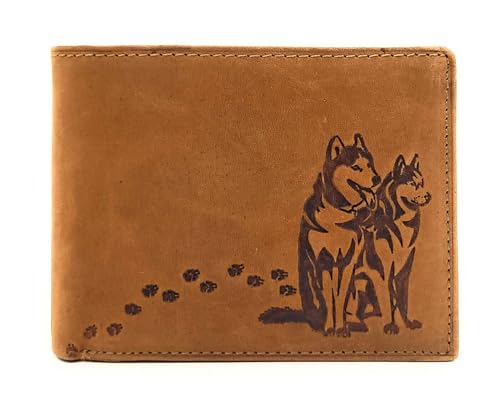 Lemasi echt Leder Geldbörse Portemonnaie Huskies Husky Hunde mit RFID NFC Schutz (Husky Cognac quer) von Lemasi