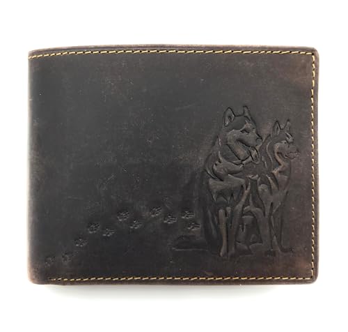 Lemasi echt Leder Geldbörse Portemonnaie Huskies Husky Hunde mit RFID NFC Schutz (Husky Dunkelbraun quer) von Lemasi