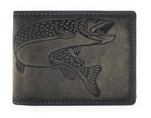 Lemasi echt Leder Geldbörse quer Hunterleder Portemonnaie Anglerbörse mit RFID Schutz Fisch Hecht (Vintage) von Lemasi