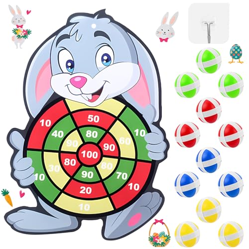 Lets Joy Kinder Klett Dartscheibe, Ostern Wurfspiel, Ostern Häschen Dartscheibe, Dartscheibe Kinder, Indoor Outdoor Ostern Hängendes Dart Wurfspiel, 12 Klebrigen Bällen und 1 Haken Selbstklebend von Lets Joy