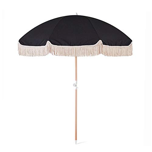 LiJJi Black Beach Umbrella with Sand Anchor and Wood Rod, Outdoor 2m Sun Shade Patio Parasol, Windproof UV 50+ Heavy Duty with Fringe von LiJJi