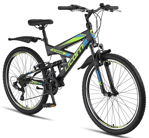 Licorne Bike Strong V Premium Mountainbike in 26 Zoll - Fahrrad für Jungen, Mädchen, Damen und Herren - Shimano 21 Gang-Schaltung - Vollfederung - Schwarz/Blau/Lime von Licorne Bike