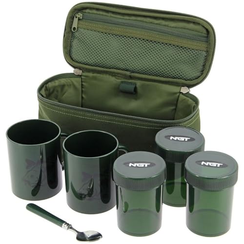 NGT Bank Side Brew Kit 2 Tassen 3 Töpfe, Teelöffel, Tasche, Karpfenangeln, Camping, grün, Besteck von Lidsters Fishing Supplies