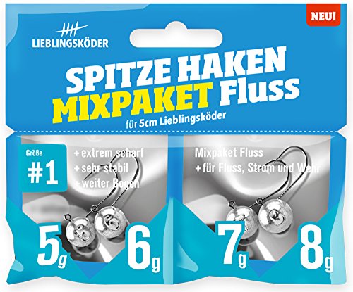 Lieblingsköder Spitze Haken Gr. 1 Mixpaket - 4 Jigköpfe, Ausführung:Mixpaket Fluss / 5g. 6g. 7g. 8g von Lieblingsköder