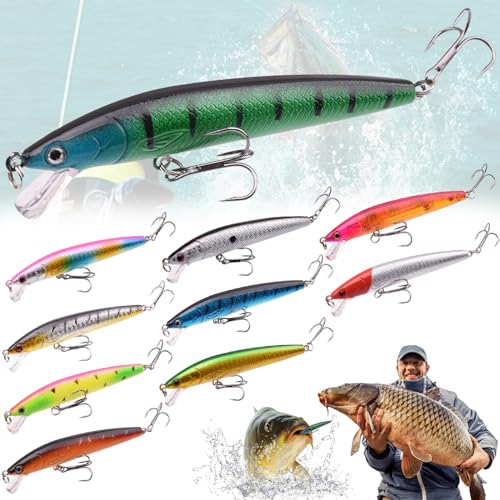 10 Stück Wobbler Kunstköder Set, Hecht Angelköder, Forellen Köder, Minnow Crankbait, fürs Angeln auf Barsch Zander Hecht, flachlaufend von Liekadijiae