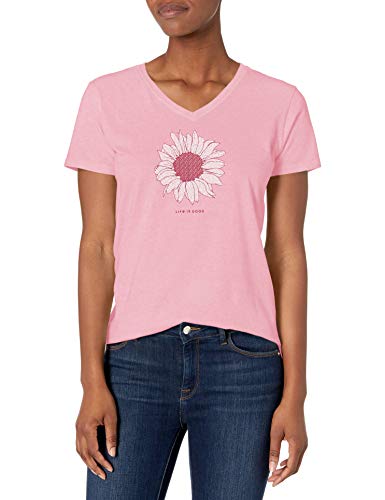 LIFE IS GOOD Women's Standard Blooming French Flower Short Sleeve Cotton Tee, Graphic V-Neck T-Shirt, Happy Pink, Large von Life Is Good