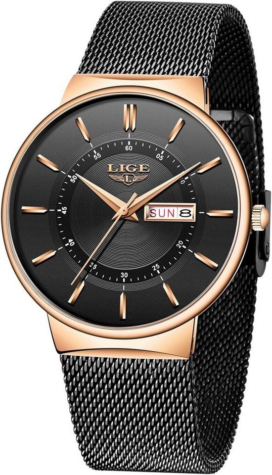 Lige LG9949B-FD-DE Watch (1.57 Zoll), Herren-Armbanduhr Schwarz Gold ultradünn, Edelstahl, modisch, analog von Lige