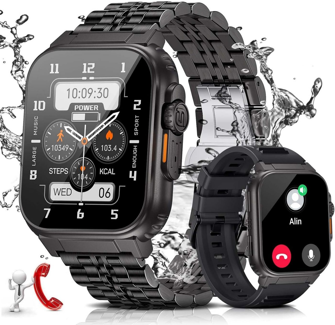 Lige Smartwatch (1,96 Zoll, Android iOS), Herren Telefonfunktion 600mAh 123 Sportmodi Sportuhr IP68 Wasserdicht von Lige