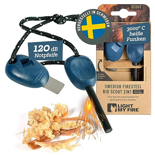 LIGHT MY FIRE Feuerstahl Outdoor Scout 2-in-1 mit Notfallpfeife, Feuerstahl Survival Gadget Feuerstein Feuerzeug, Ewiges Streichholz mit Bio-basierter Kunststoffgriff 3000 Zündungen von Light My Fire