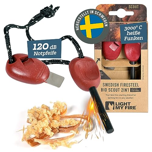 LIGHT MY FIRE Feuerstahl Outdoor Scout 2-in-1 mit Notfallpfeife, Feuerstahl Survival Gadget Feuerstein Feuerzeug, Ewiges Streichholz mit Bio-basierter Kunststoffgriff 3000 Zündungen von Light My Fire