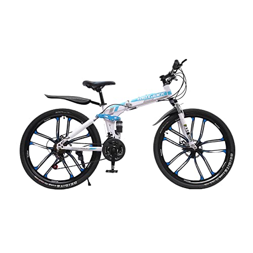 Lightakai 26 Zoll Mountainbike Klappfahrräd, 21 Gang Schaltung MTB Erwachsene MTB Fahrräd Dual Stoßdämpfung Scheibenbrems für Jungen Mädchen, Blau&Weiß von Lightakai