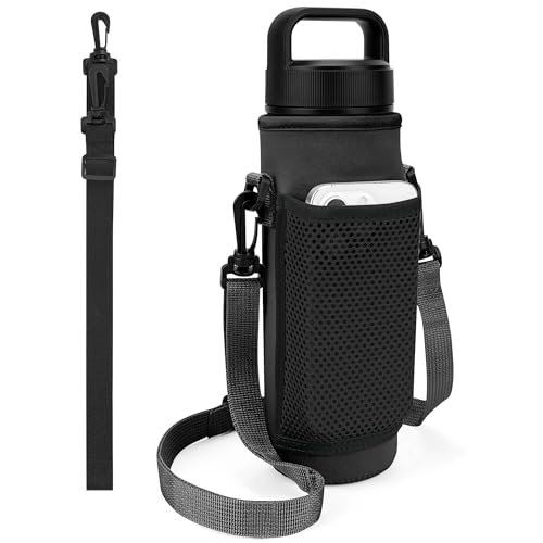 Linkidea Wasserflaschenträger mit 2 Riemen, kompatibel mit YETI Rambler Bottle 26oz, Yonder 25oz, Reise-Wasserflaschen-Umhängetaschenhalter, Schultergurt mit Netz-Telefontasche (Schwarz) von Linkidea