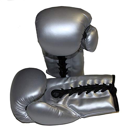 LISARO Boxhandschuhe mit Schnürung für das Training und Sparring im Boxen, Kickboxen, Muay Thai aus Kunstleder Farbe Silver 10 oz mit Schnur von lisaro