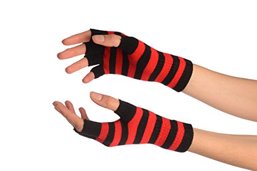 Red & Black Stripes Short Fingerless Gloves - Rot Handschuhe, Einheitsgroesse (16 cm) von LissKiss