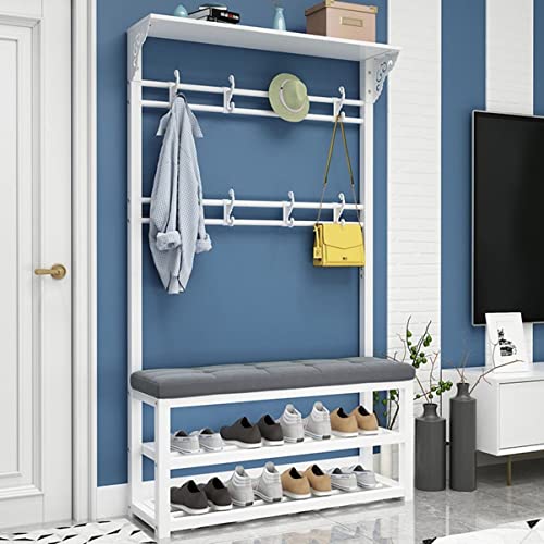 Exquisite Clothes Rail Rack Coat Rack Stand, with 3-in-1 with 8 Movable Hooks 2-Tier Shoe Rack, Free Standing Clothes Rack with Bench for Entryway, Hallway, Metal Frame (Color : Black, Cushion Color von LiuGUyA