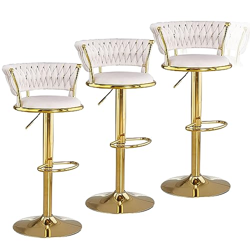 LiuGUyA Kitchen Bar Stools with Velvet Woven Backrest Set of 3, Height Adjustable Counter Height Stool Bar Chair with Gold Metal Base for Pub, Kitchen, Cafe,White von LiuGUyA
