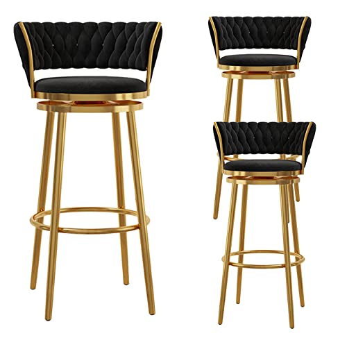 LiuGUyA Mid Century Modern Bar Stools Set of 3, Counter Height Barstools with Woven Back, Velvet Kitchen Island Chair with Metal Legs for Dining Room Bar Coffee Shop, Green/Pink/Grey/Blue/White/Black von LiuGUyA
