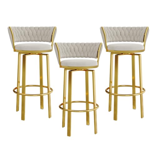 LiuGUyA Velvet Bar Stools with Woven Backs Set of 3 Swivel Modern Counter Bar Height Stool Chairs with Gold Base and Footrest Barstools for Home Bar/Kitchen/Dining Bar von LiuGUyA