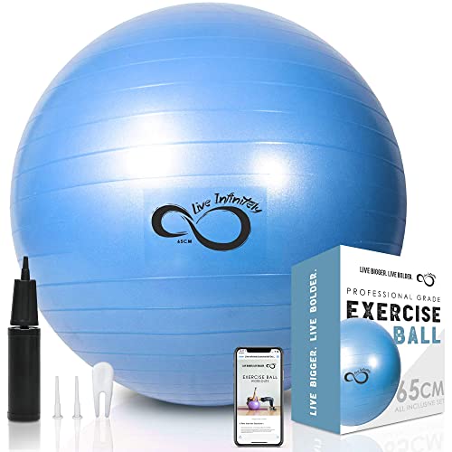 Gymnastikball (55 cm - 95 cm), extra dick, für Balance und Stabilität, Anti-Burst-getestet, unterstützt 1000 kg, inkl. Handpumpe und Workout-Guide (blau, 65 cm) von Live Infinitely