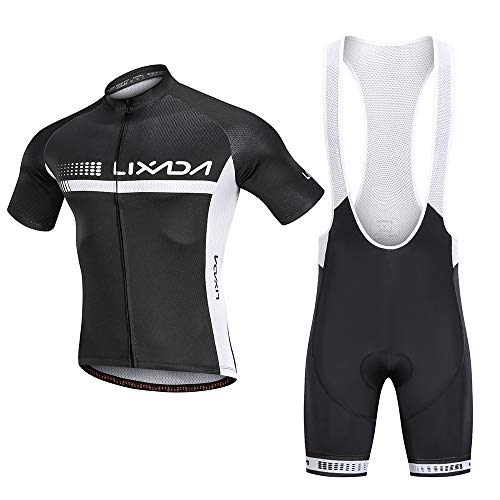 Lixada Radtrikot Set, atmungsaktiver Fahrradanzug Kurzarm Fahrradhemd + 3D gepolsterte Trägerhose, schnell trocknendem Material, rutschfeste Saum, 3 Tiefe Rückentasche von Lixada