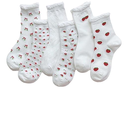 Liyinco 6 Paar Damensocken, Süßes Rosen-Erdbeer-Schleifenmuster, Lässige Baumwoll-Crew-Socken Für Mädchen Und Damen von Liyinco