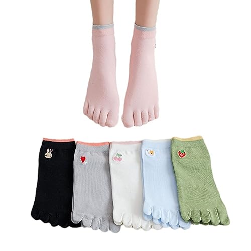 Liyinco Paar Kurze Zehensocken Für Damen, Schlichte, Niedliche Tier-Gestickte Low-Top-Fünf-Finger-Socken, Atmungsaktive Baumwoll-Tabi-Socken von Liyinco