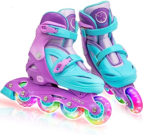 Locavun Rollschuhe Kinder für Mädchen, Verstellbare Rollschuhe Kinder Quad mit Leuchtenden Rädern Inline Roller Skates für Mädchen (Violett und Grün, M:30-35 EU) von Locavun