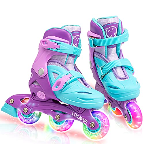 Locavun Rollschuhe Kinder für Mädchen, Verstellbare Rollschuhe Kinder Quad mit Leuchtenden Rädern Inline Roller Skates für Mädchen (Violett und Grün, S:26-29 EU) von Locavun