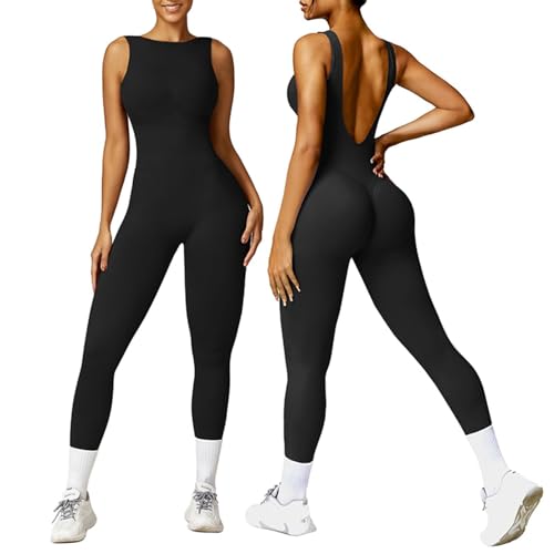 Lomelomme Damen Jumpsuit Flared Eng Scrunch Butt Bodysuit Lang Yoga Ärmellos Overall Sport Rückenfrei Einteiler Bootcut Onepiece Ganzkörperanzug Sexy Playsuits Gym Workout Bodycon Schwarz M von Lomelomme