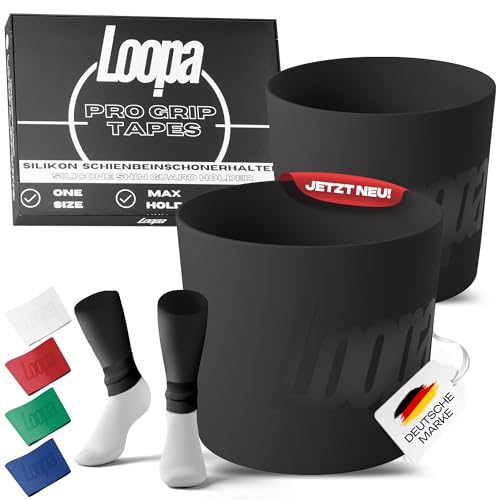 Loopa Pro Grip Tapes Fußball Schienbeinschonerhalter aus hochwertigen Silikon für Herren, Damen & Kinder | Fußball Stutzenhalter | Shin Guard Stay Holder | Perfekter Halt (Black) von Loopa
