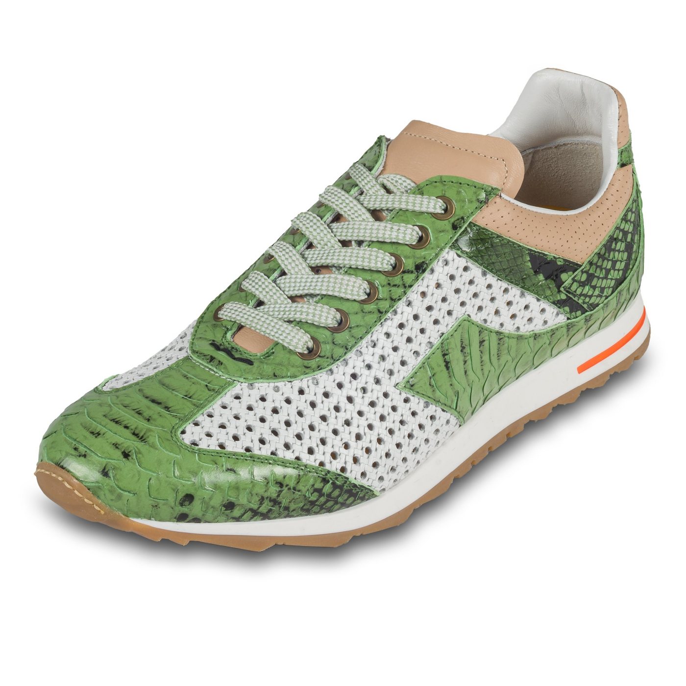 Lorenzi Sneaker in grün / weiß, Schlangen-Prägung und perforiertes Kalbsleder Sneaker Handgefertigt in Italien von Lorenzi