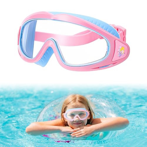 Lotvic Kinder-Schwimmbrille, Anti-Beschlag, Auslaufschutz, UV-Schutz, Kinderbrille mit verstellbarem Riemen und Ohrstöpseln, breite klare Sicht, Schwimmbrille für Kinder von 6–14 Jahren (Rosa) von Lotvic
