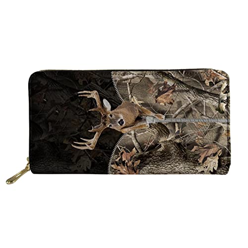 Lässige Ledergeldbörse für Damen Herren Forest Wood Deer Camo Print Reisehandtaschen Zip Around Clutch von Lsjuee