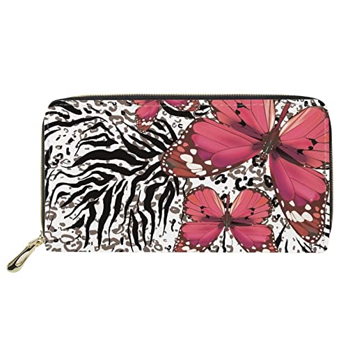 Lsjuee Lange Brieftasche mit Reißverschluss, PU, Handy-Kupplung, Reisekartenhalter, Geldbeutel, Druck, rosa Schmetterling, Leopard, für Frauen und Mädchen von Lsjuee