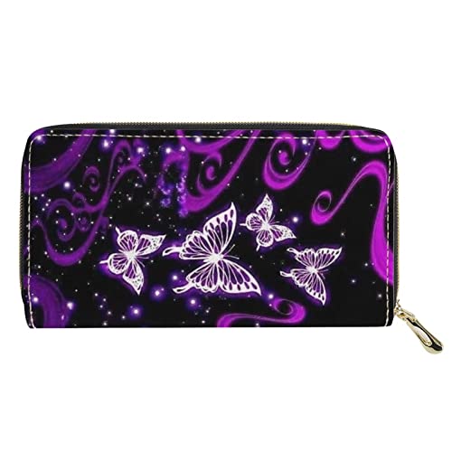 Lsjuee Reißverschluss-Reisehandtasche für Frauen, weibliches Bling Butterly Print Leder Kreditkartenetui, Lila Design von Lsjuee