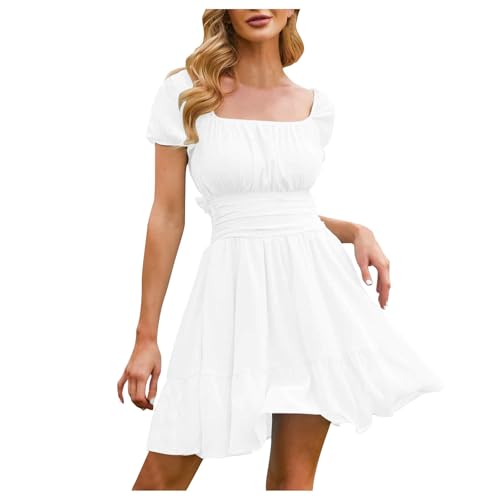 Angebote des Tages Heute Chiffonkleid Damen Leicht Rüschen Kleid Freizeit Einfarbig Sommerkleid Coquette Kurzarm Lose Strandkleid Knielanges Sommer Dress Tunika A Linie Kleider Weiß M von Luadnysin